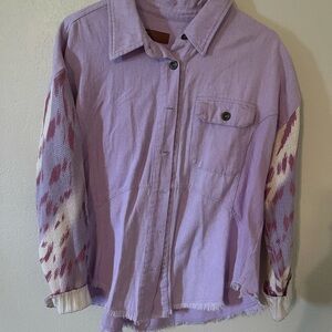Umgee Purple Button Down Shirt with Patterned Sleeves
